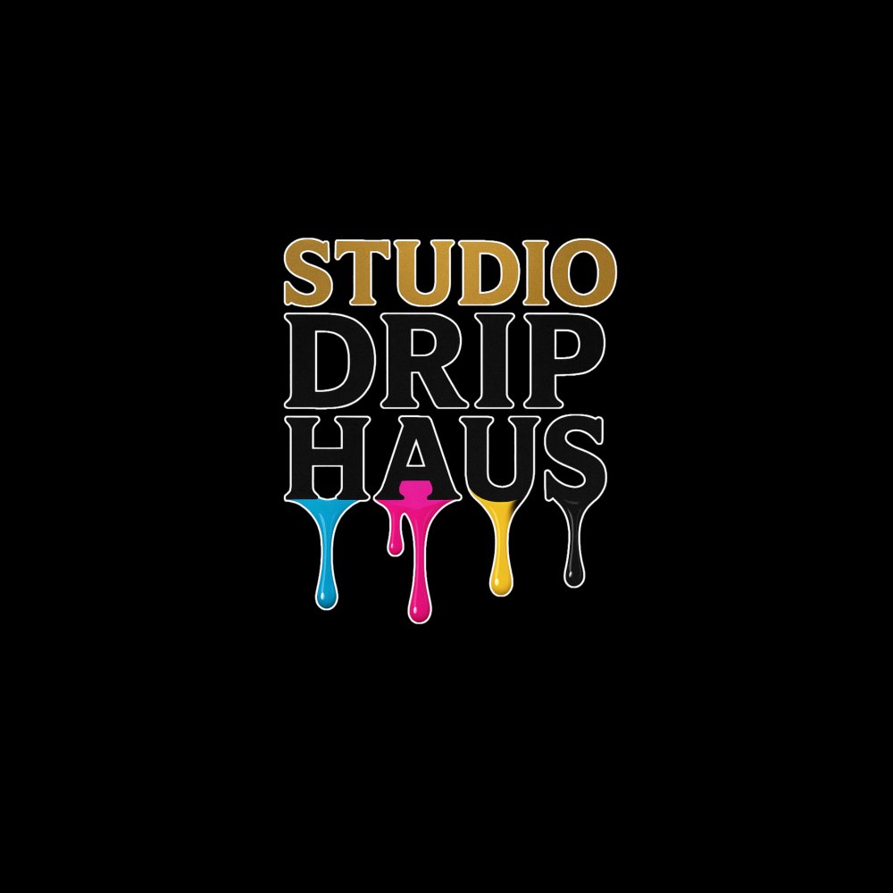 Logo of Studio Drip Haus with colorful drips on a black background